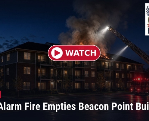 Fostoria News Nighttime fire at Beacon Point building with fire truck and smoke.